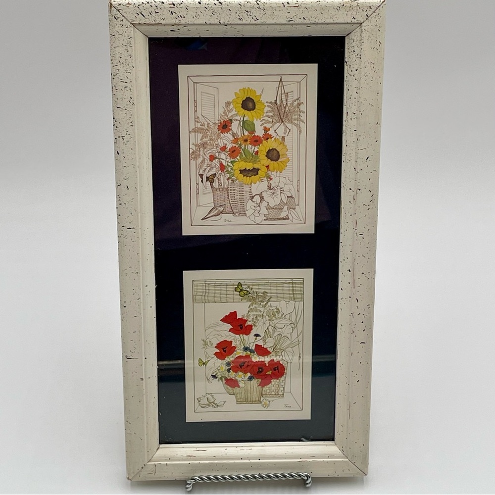 Vintage William Tara Framed Double Mini Print Florals Poppies Sunflowers 7x13in
